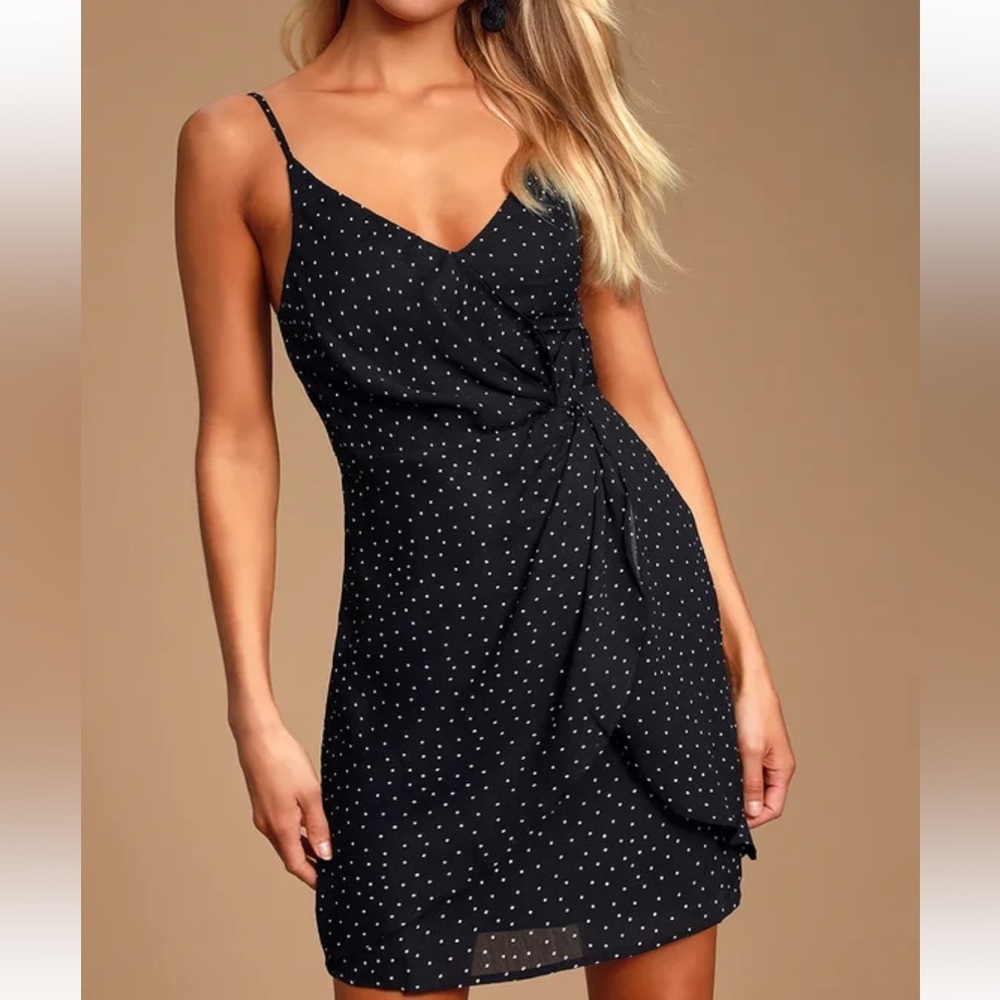 Lulu’s Missy Black Polka Dot Satin Knotter Front Mini Dress - Women’s Small